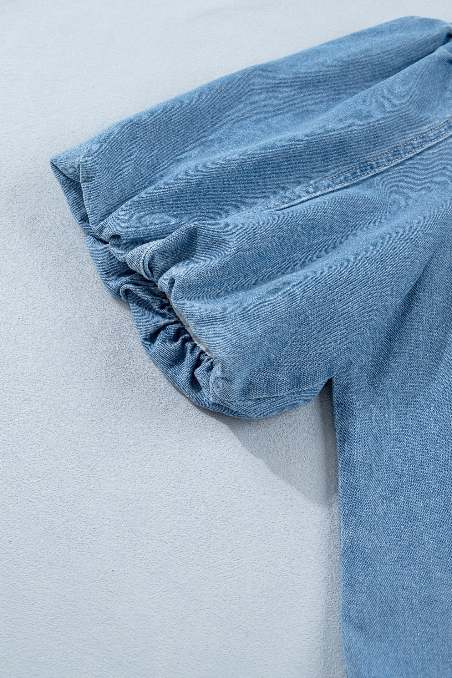 Beau Blue Button Down Short Puff Sleeve Ruffle Hem Patchwork Denim Dress