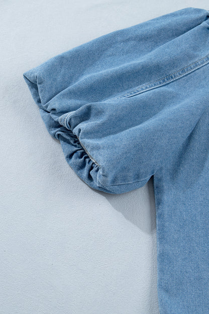 Beau Blue Button Down Short Puff Sleeve Ruffle Hem Patchwork Denim Dress