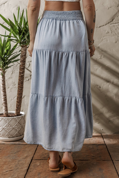 Beau Blue Tiered Smocked High Waist Denim Maxi Skirt