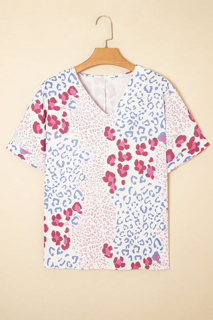 Leopard Print V Neck Short Sleeve Blouse
