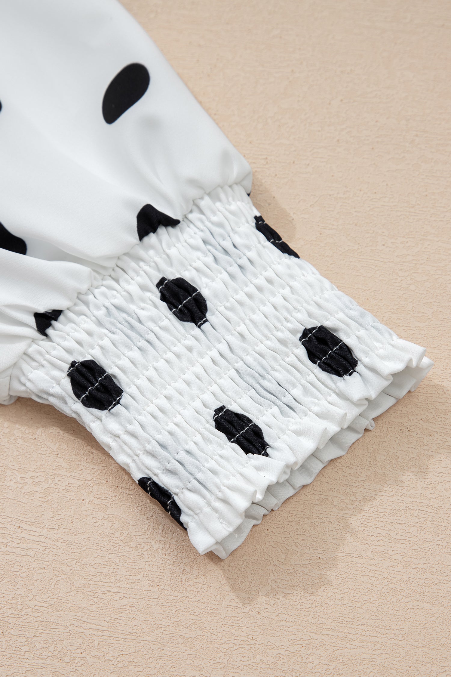 White Polka Dot Print Round Neck Frilled Long Sleeve Blouse