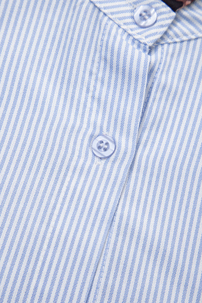 Sky Blue Stripe Ruffled Leopard Patchwork Long Sleeve Button Down Loose Shirt