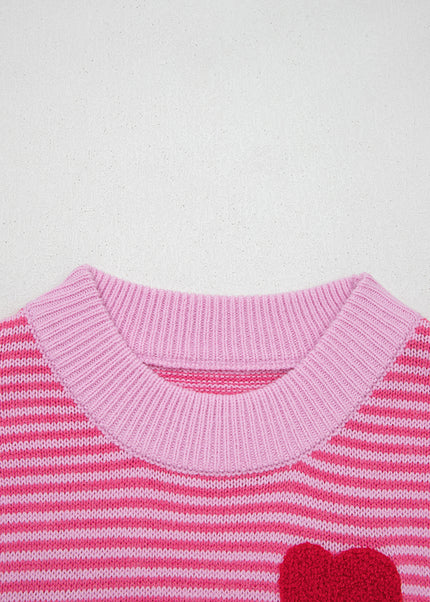 Gray Stripe Contrast Heart Pattern Valentine Knit Sweater