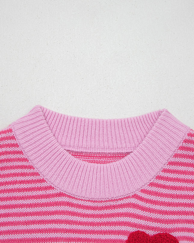 Gray Stripe Contrast Heart Pattern Valentine Knit Sweater