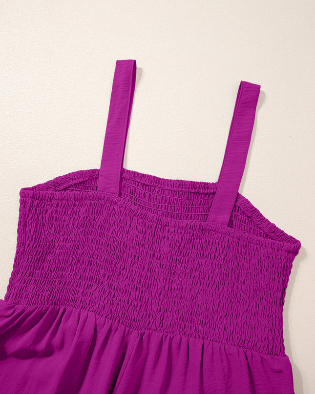 Purple Orchid Smocked Square Neck Sleeveless Jumpsuit with Pockets