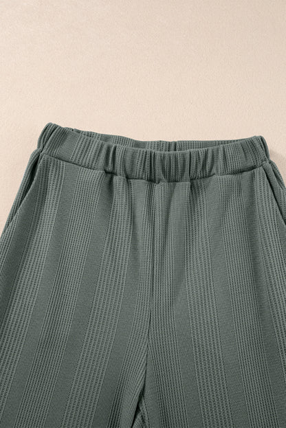 Beau Blue Solid Color Ribbed Ruffle Tank Top and Pants Set