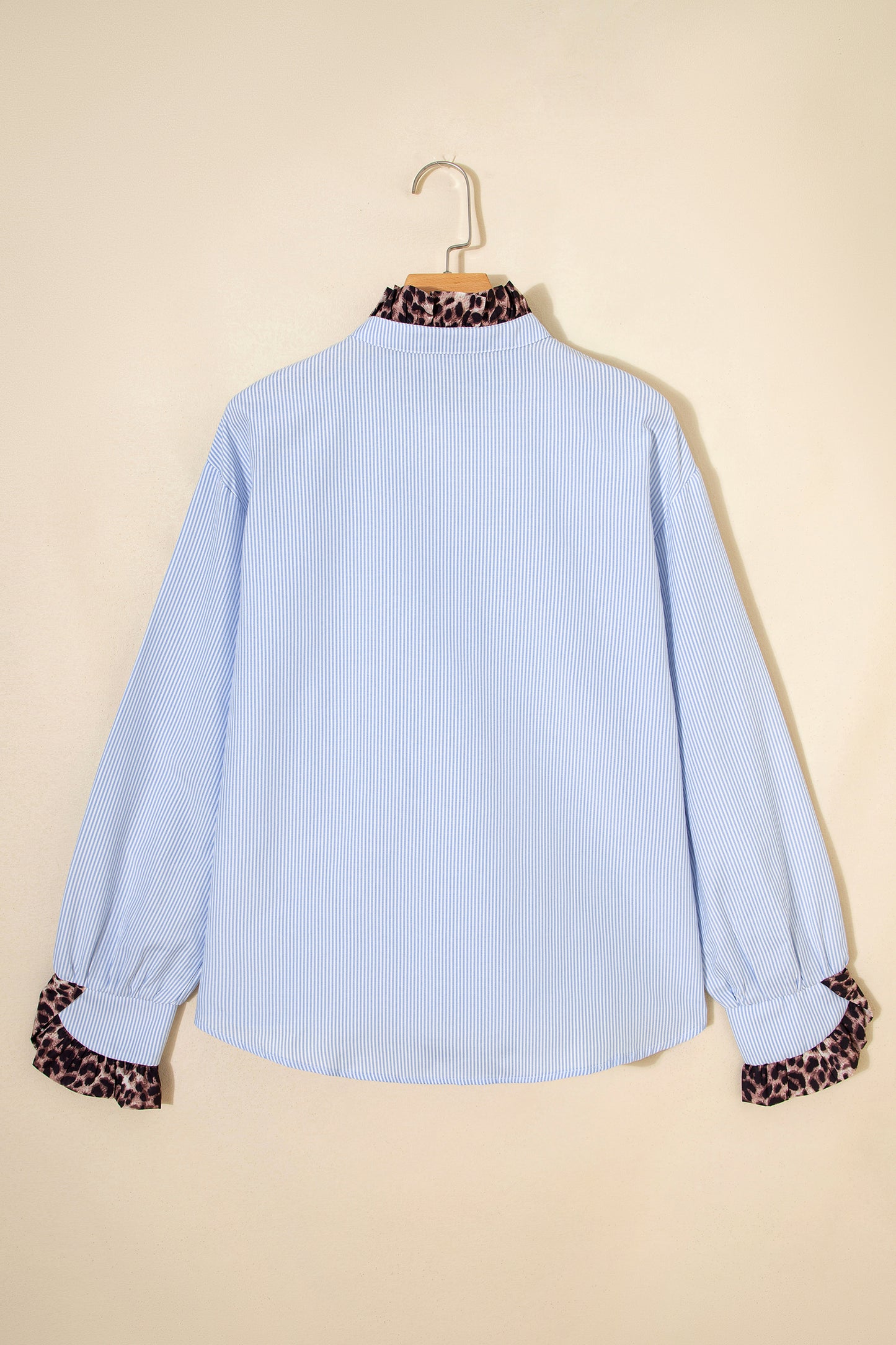 Sky Blue Stripe Ruffled Leopard Patchwork Long Sleeve Button Down Loose Shirt
