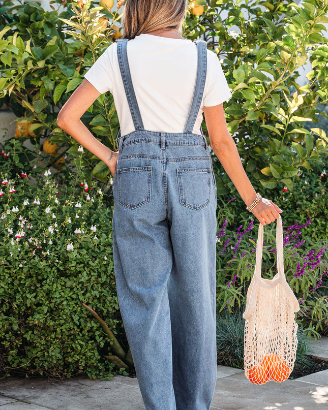 Dusk Blue Pleated Wide Leg Retro Pocketed Denim Jumpsuit