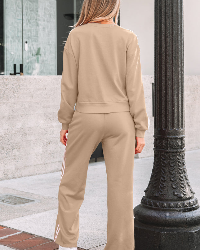 Fiery Red Varsity Striped Detail Crewneck Pullover Elastic Sweatpants 2pcs Outfit