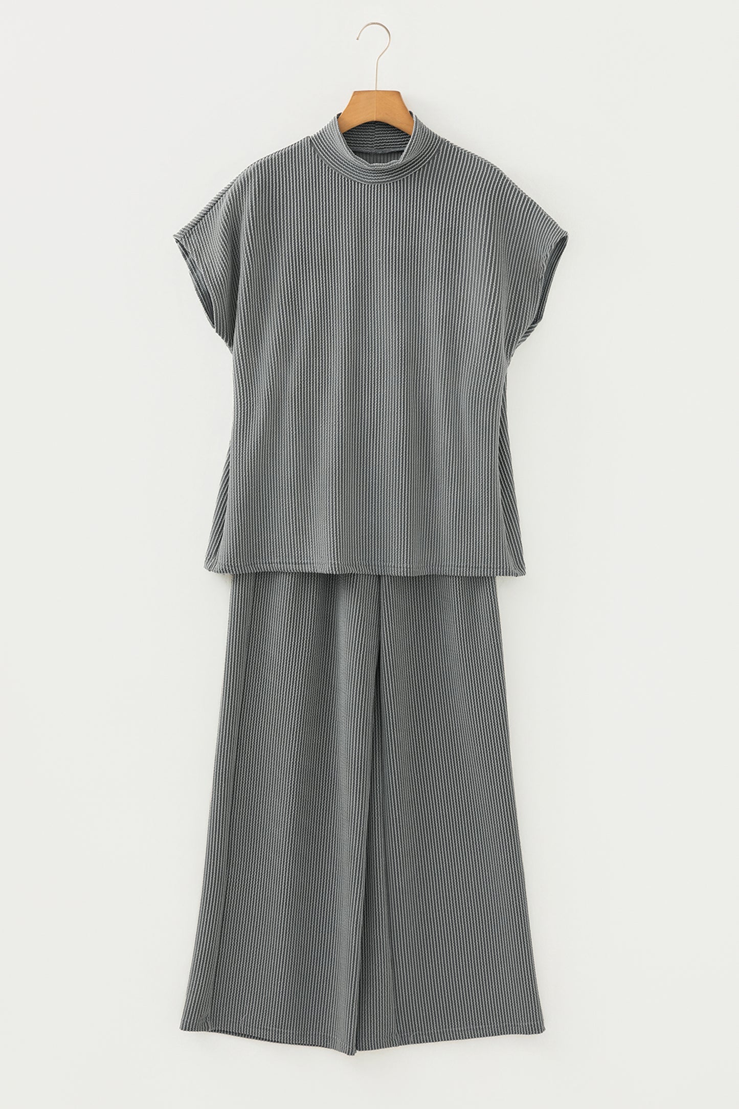 Dark Grey Twisted Ribbed High Neck Loose Tee Elastic High Waist Loose Pant Set