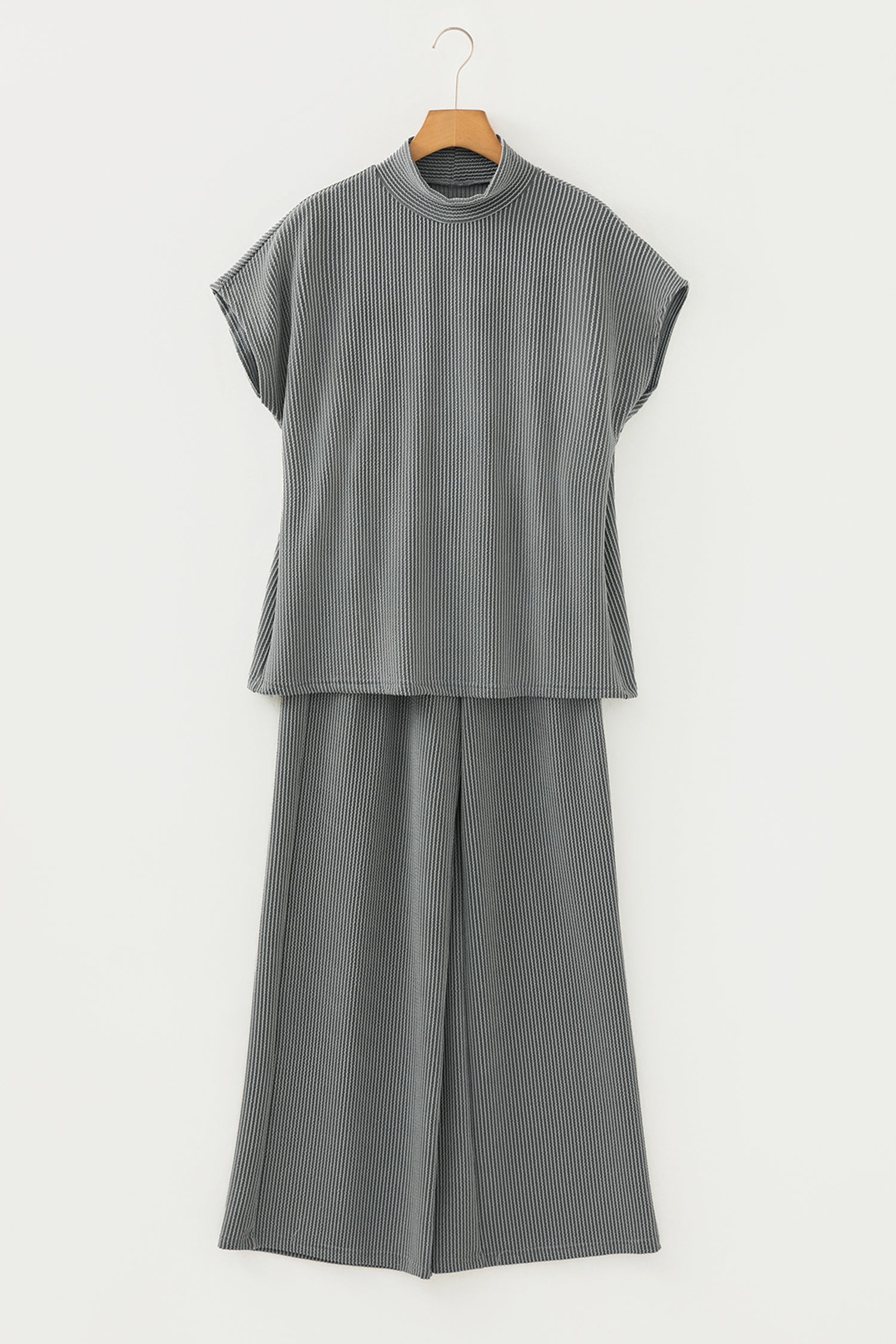 Dark Grey Twisted Ribbed High Neck Loose Tee Elastic High Waist Loose Pant Set