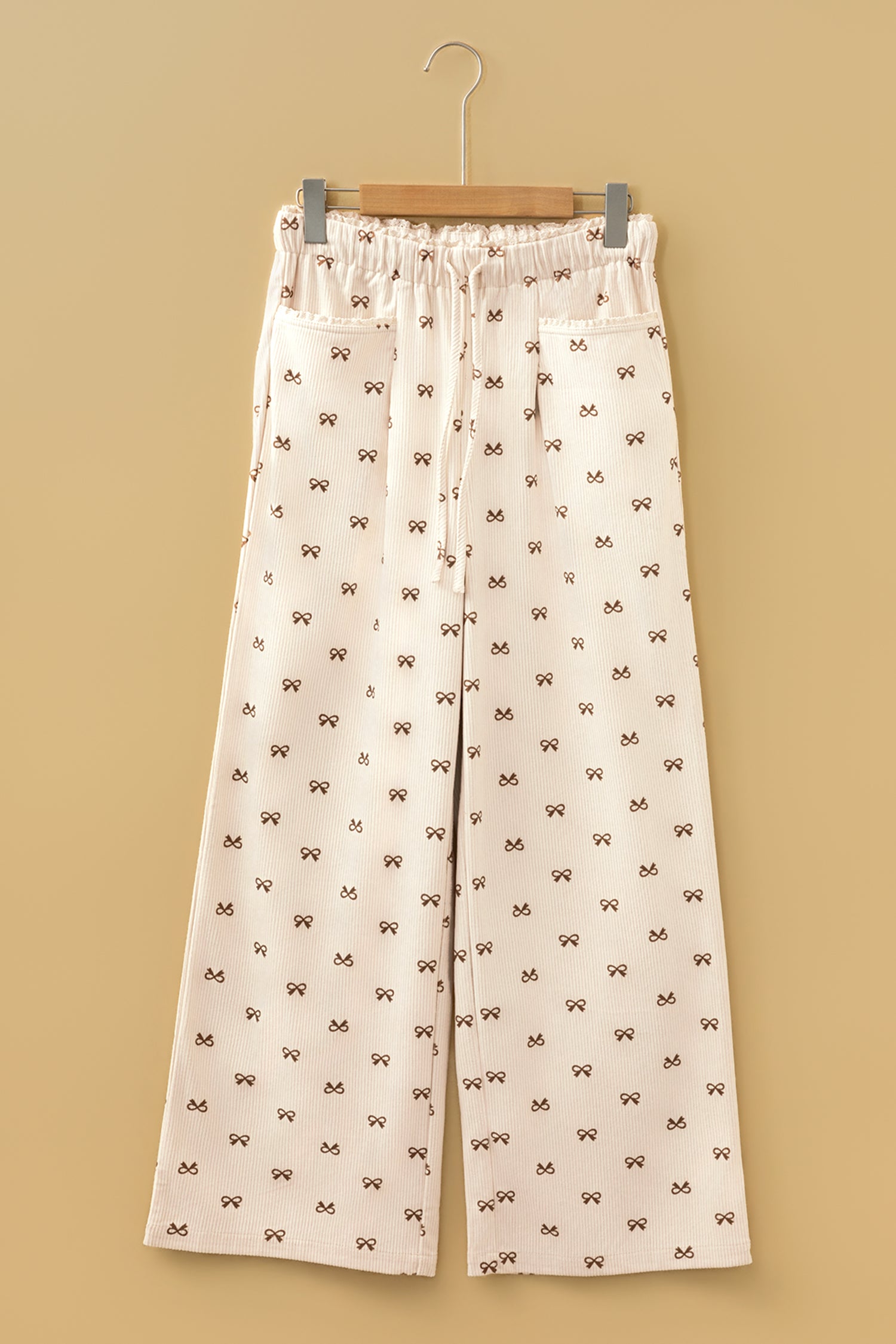 Apricot Bow Print Drawstring Elastic Waist Loose Corduroy Pants