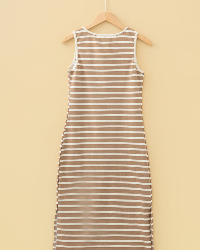 Sky Blue Stripe Tie V Neck Sleeveless Side Slit Midi Dress