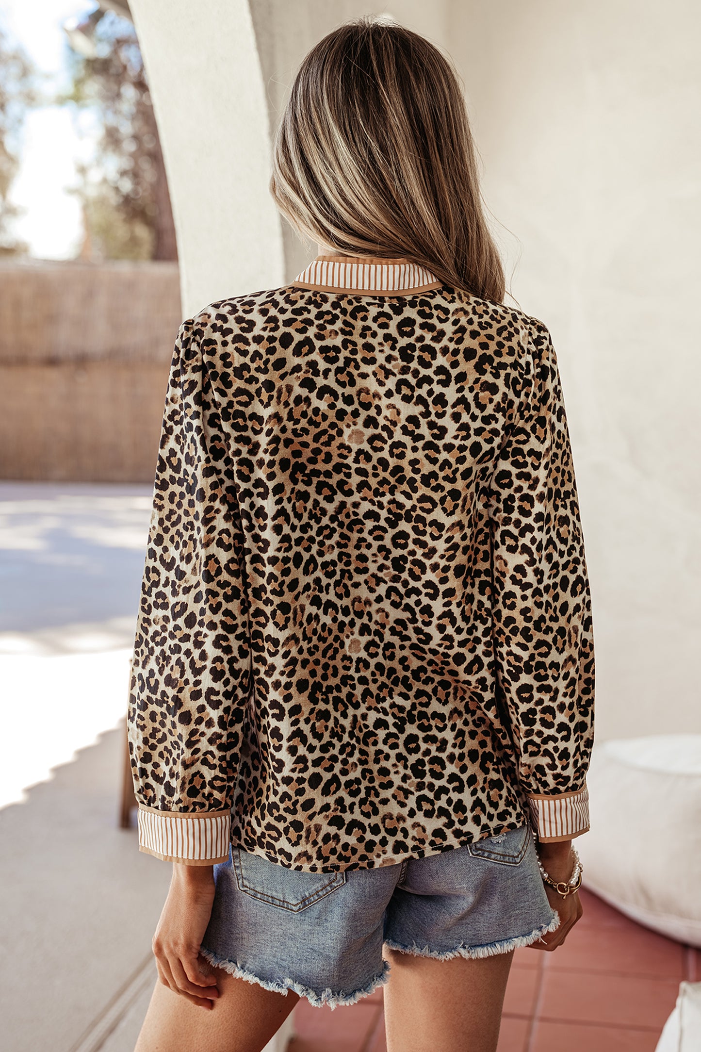 Khaki Contrast Striped Trim V Neck Leopard Shirt