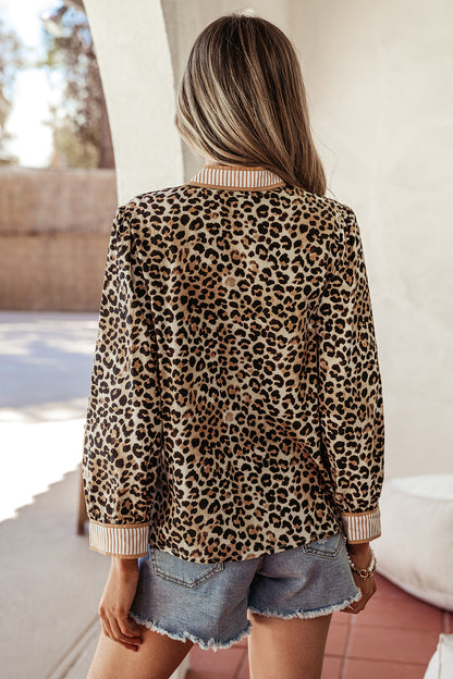 Khaki Contrast Striped Trim V Neck Leopard Shirt