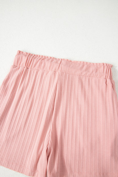 Gossamer Pink Ribbed Button V Neck Tank Top and Shorts Set