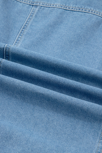 Beau Blue Button Down Short Puff Sleeve Ruffle Hem Patchwork Denim Dress