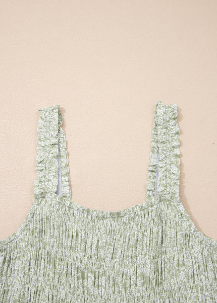 Green Smocked Bodice Square Neck Sleeveless Floral Jumpsuit
