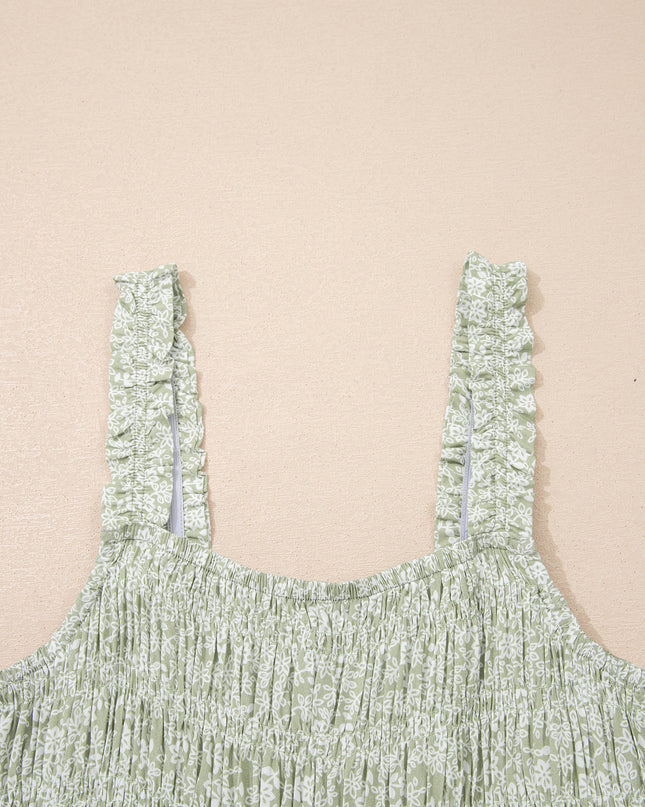 Green Smocked Bodice Square Neck Sleeveless Floral Jumpsuit