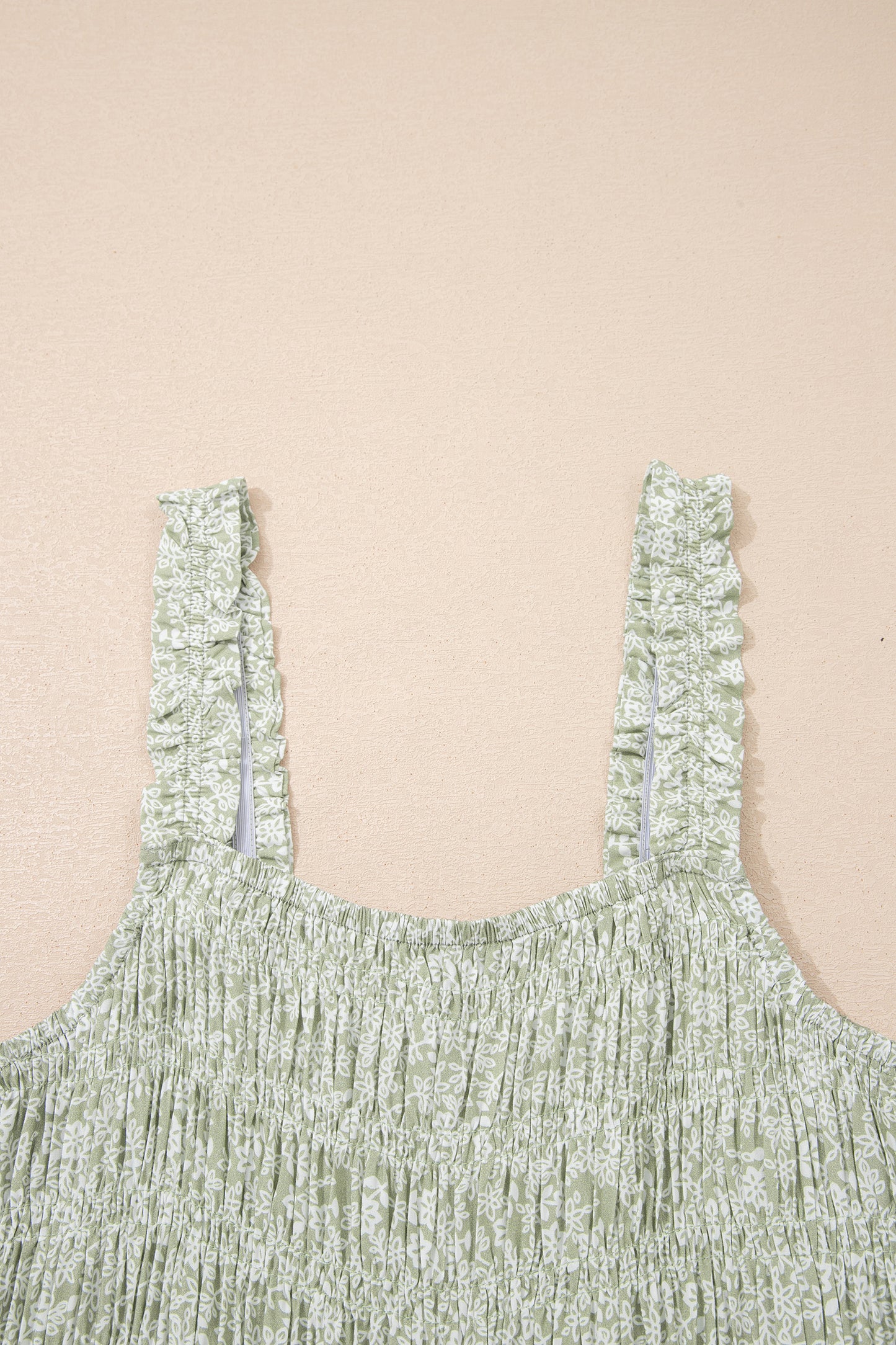 Green Smocked Bodice Square Neck Sleeveless Floral Jumpsuit