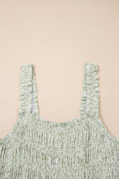 Green Smocked Bodice Square Neck Sleeveless Floral Jumpsuit