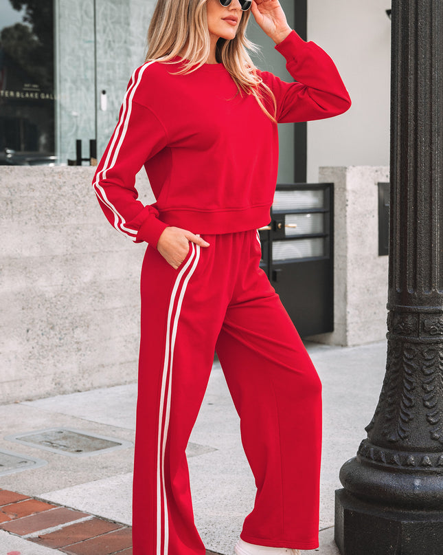Fiery Red Varsity Striped Detail Crewneck Pullover Elastic Sweatpants 2pcs Outfit