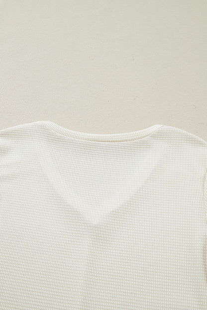 Beige Thermal Knit Lace Ruched Patchwork Long Sleeve V Neck Top