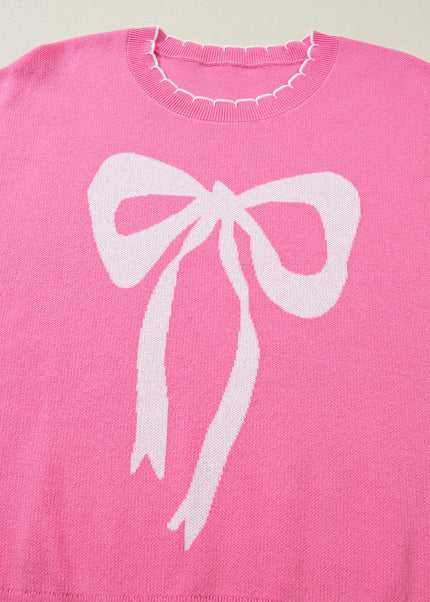 Sachet Pink Big Ribbon Bow Print Contrast Stitch Trim Drop Shoulder Sweater