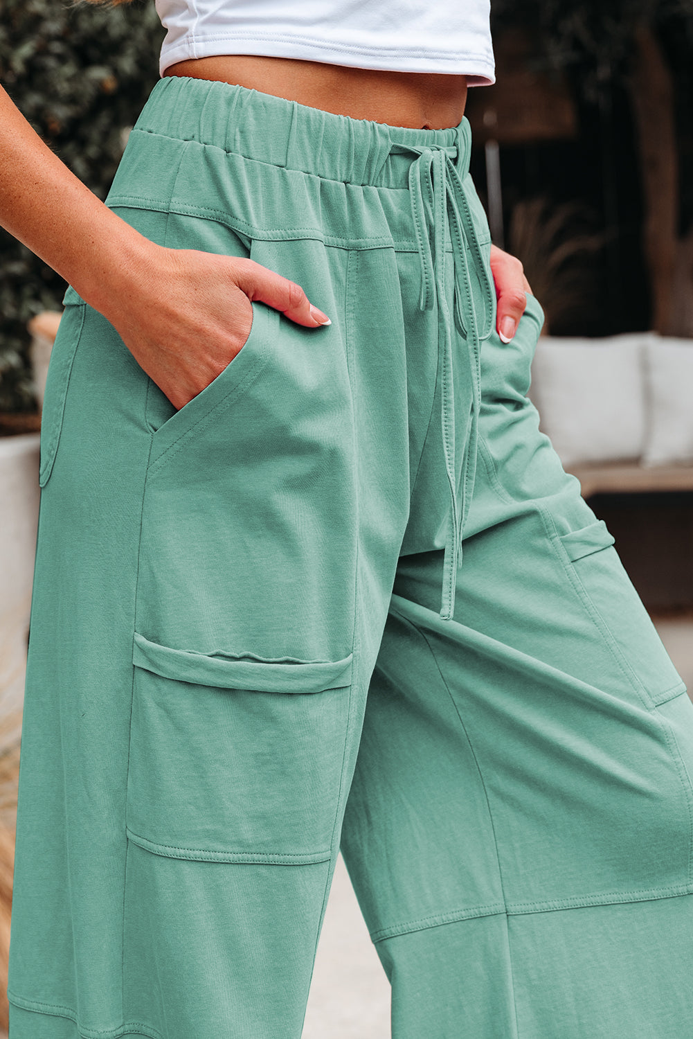 Bonbon Mineral Wash Exposed Seam Drawstring Elastic Waistband Wide Leg Cargo Pants