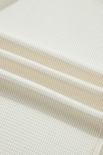 Beige Thermal Knit Lace Ruched Patchwork Long Sleeve V Neck Top