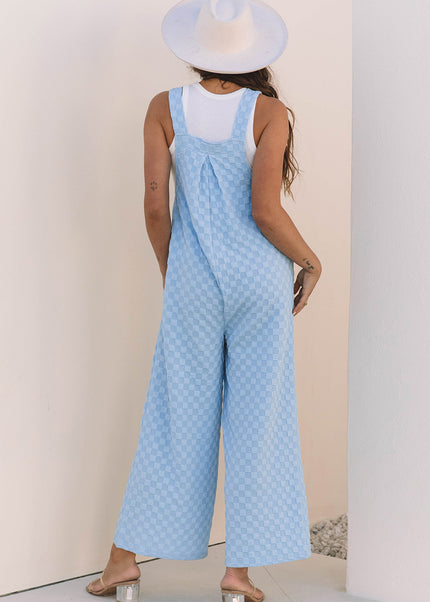 Beau Blue Checkered Pocketed High Waist Wide Leg Overall
