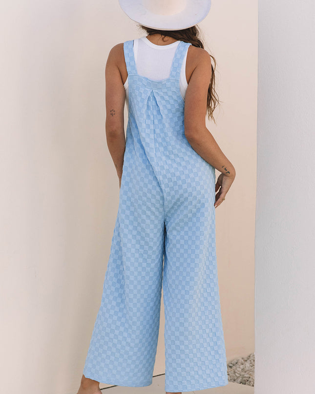 Beau Blue Checkered Pocketed High Waist Wide Leg Overall