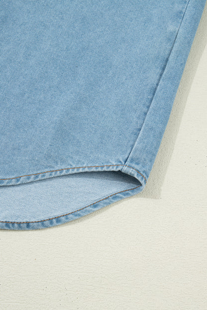 Myosotis Ruffle Detail Short Puff Sleeve Button Down Flap Pocket Denim Shirt