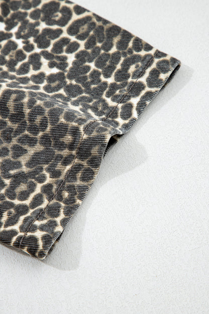 Gray Vintage Leopard Print Short Sleeve Loose Cotton Denim Shirt