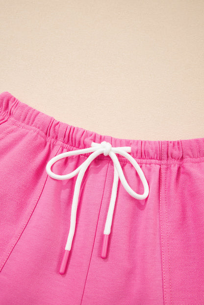 Mint Green V Neck Drop Shoulder Tee and Patchwork Drawstring Shorts Set