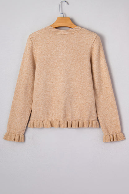 Oatmeal Ruffle Trim Gold Button Sweater Cardigan