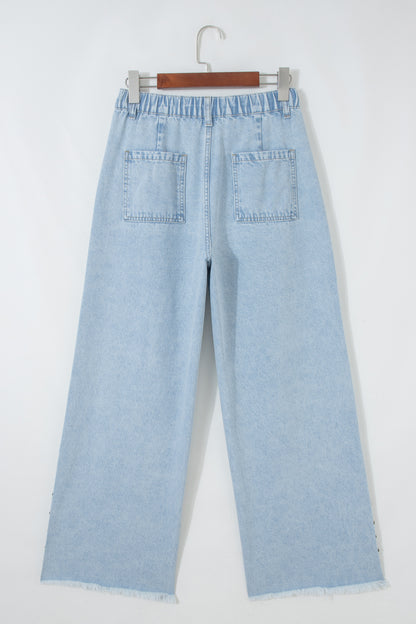 Beau Blue Studded Side Slit Leg Frayed Pocketed Wide Leg Jeans