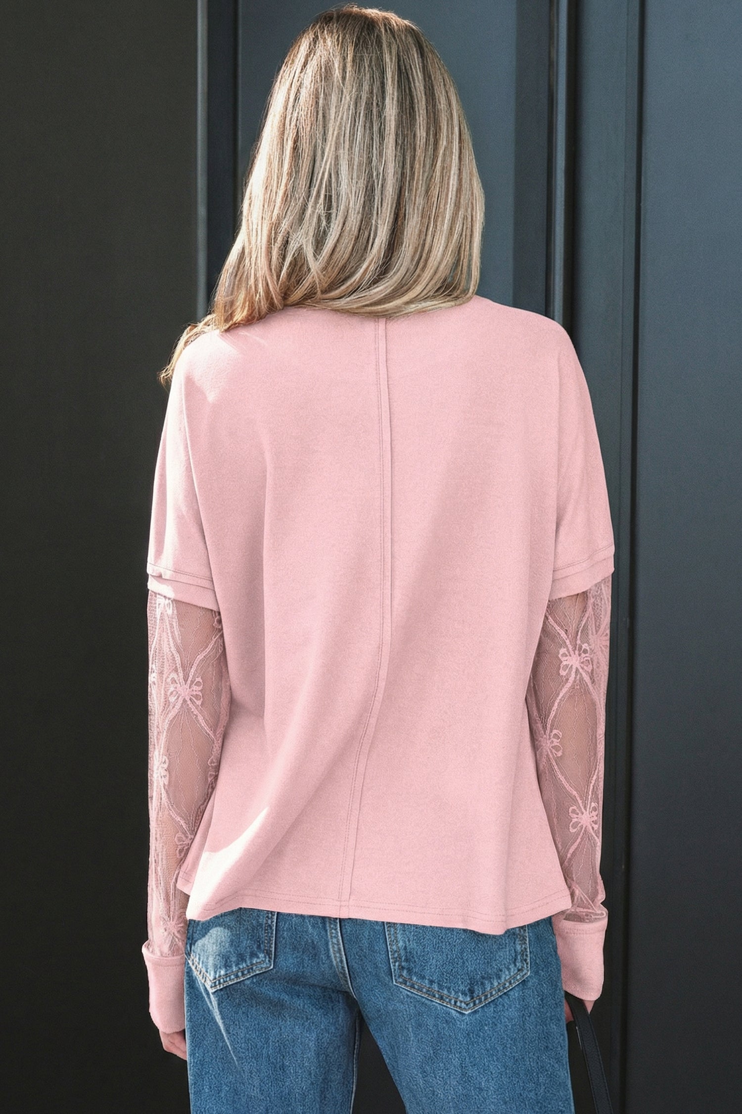 Light Pink Solid Color Bow Textured Patchwork Long Sleeve Tee