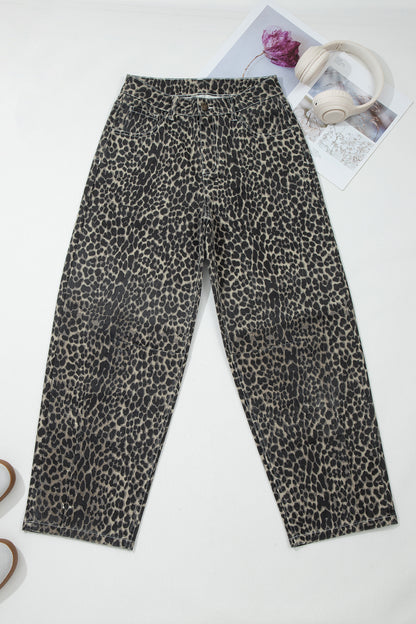 Black Leopard Print High Waist Barrel Jeans