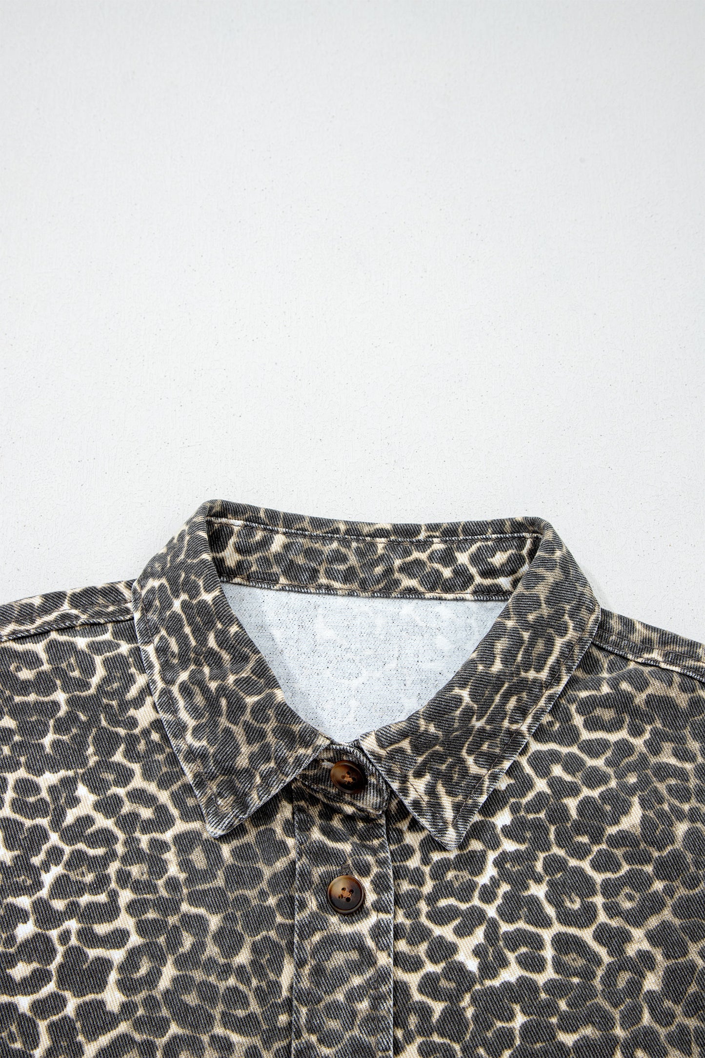 Gray Vintage Leopard Print Short Sleeve Loose Cotton Denim Shirt