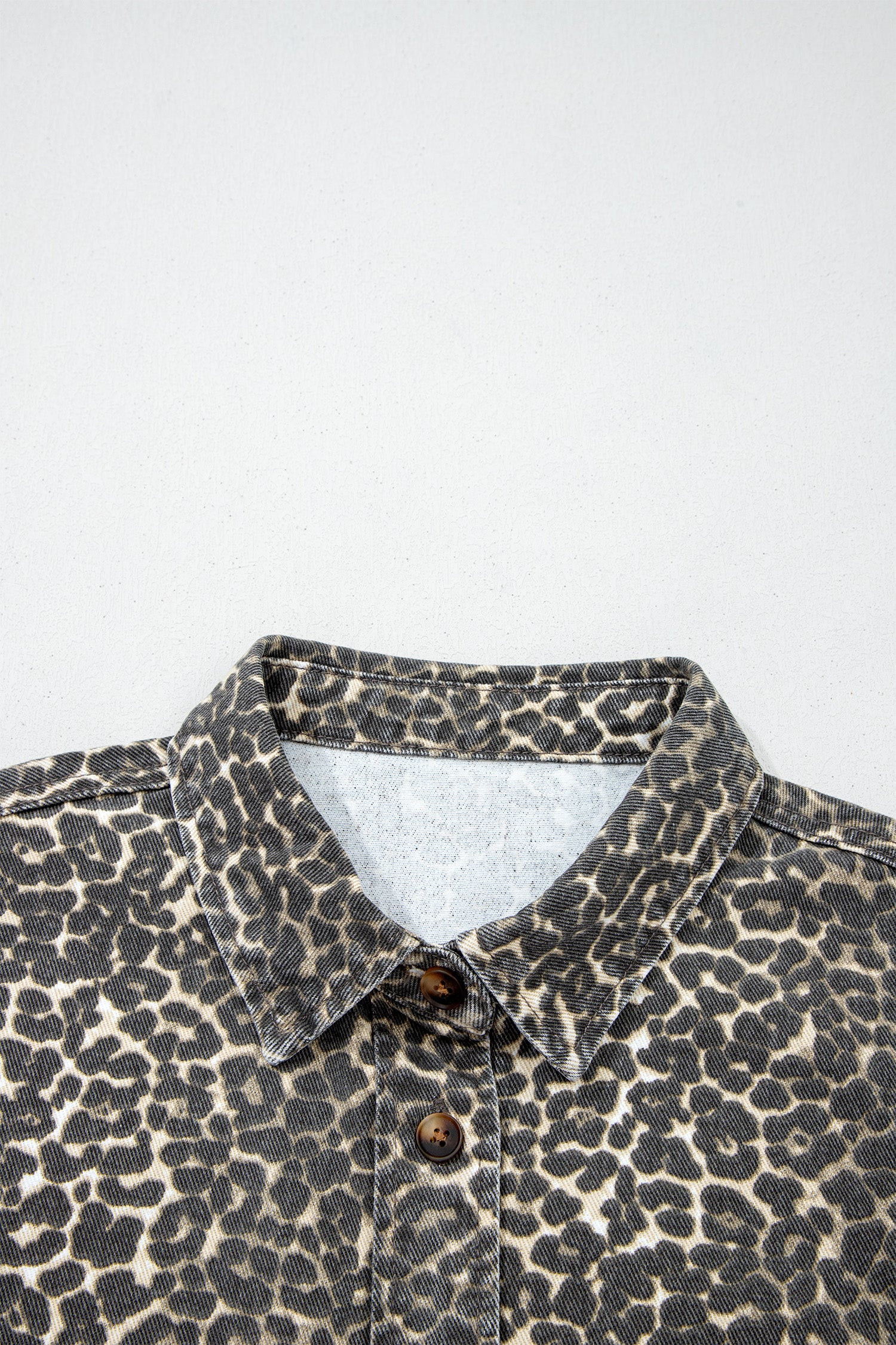 Gray Vintage Leopard Print Short Sleeve Loose Cotton Denim Shirt