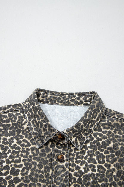 Gray Vintage Leopard Print Short Sleeve Loose Cotton Denim Shirt