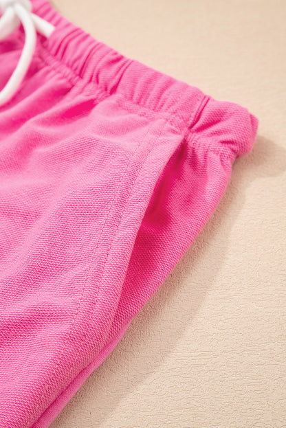 Mint Green V Neck Drop Shoulder Tee and Patchwork Drawstring Shorts Set