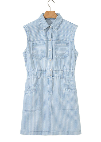 Sky Blue Stripe Collared Button Front Sleeveless Denim Mini Dress
