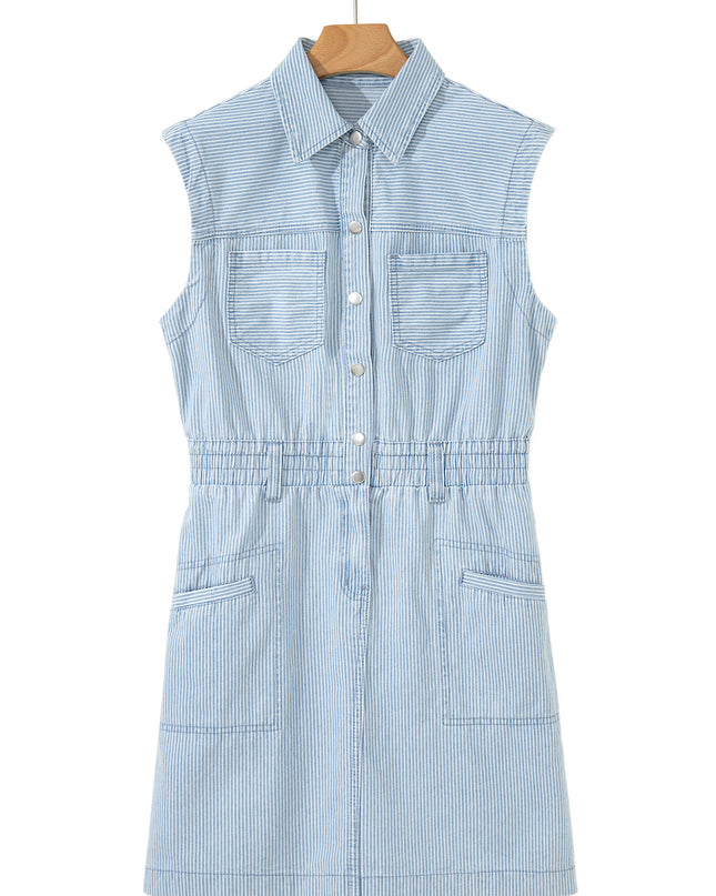 Sky Blue Stripe Collared Button Front Sleeveless Denim Mini Dress