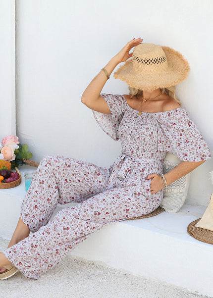 White Smocked Short Sleeve Wide Leg Floral Print Jumpsuit