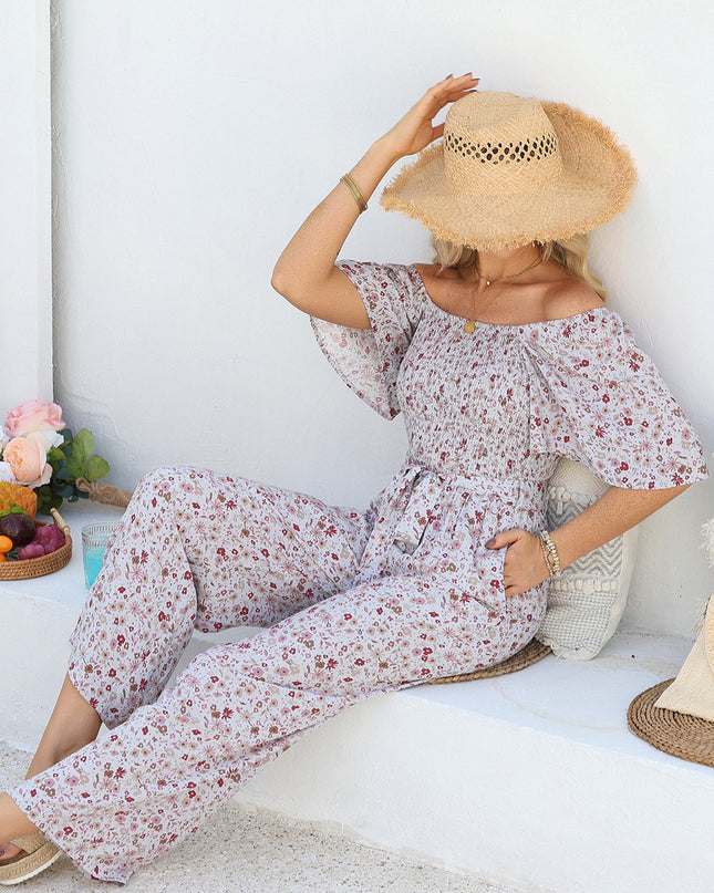 White Smocked Short Sleeve Wide Leg Floral Print Jumpsuit