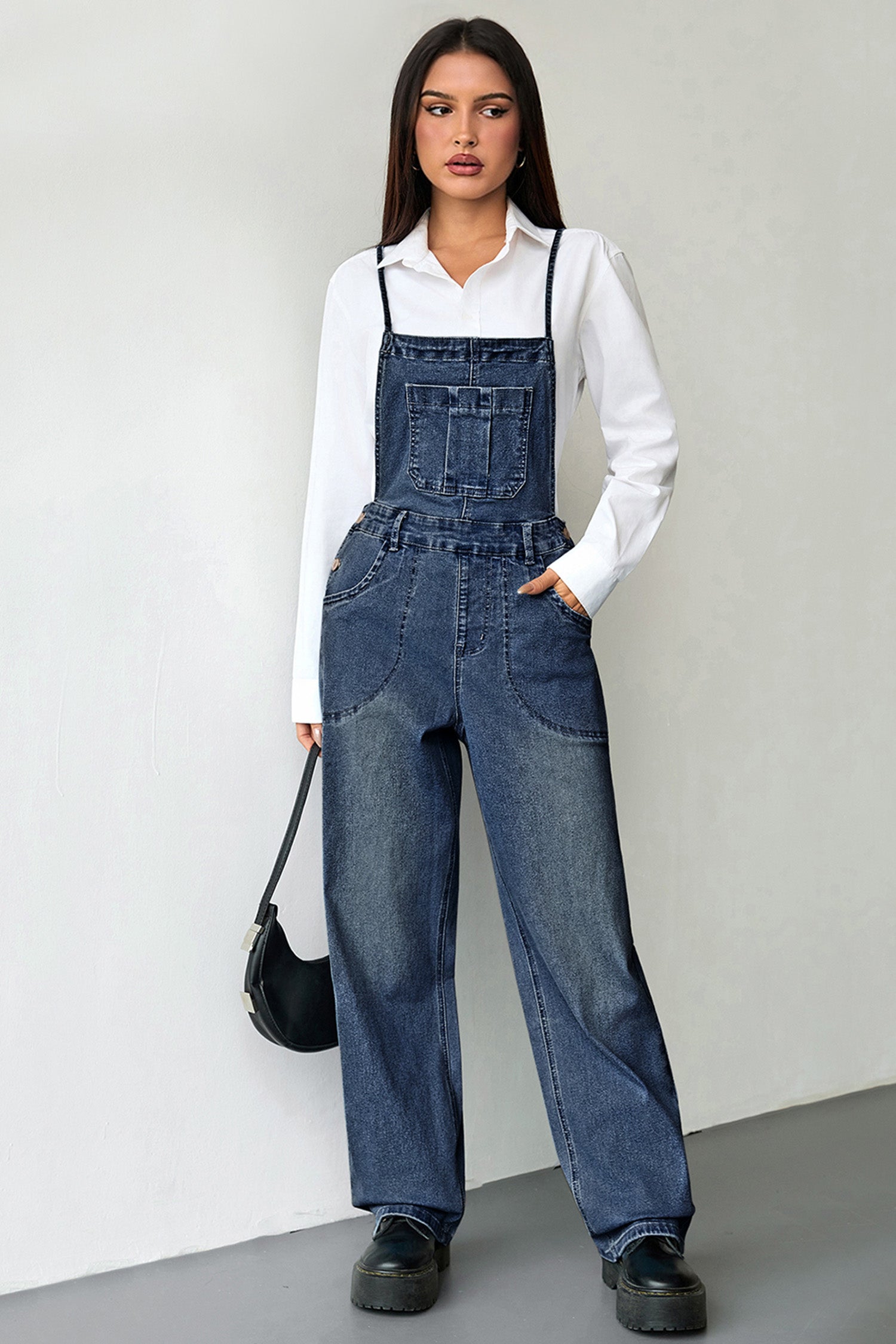 Dark Blue Crossed Tie Straps Bib Pocket Loose Denim Overalls