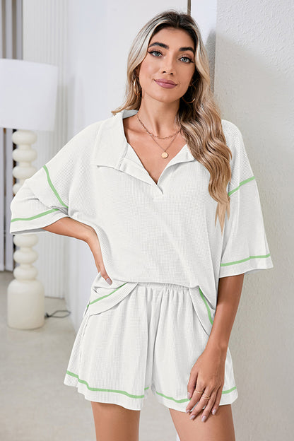 Pink Breathable Waffle Color Block Trim 2pcs Casual Short Set