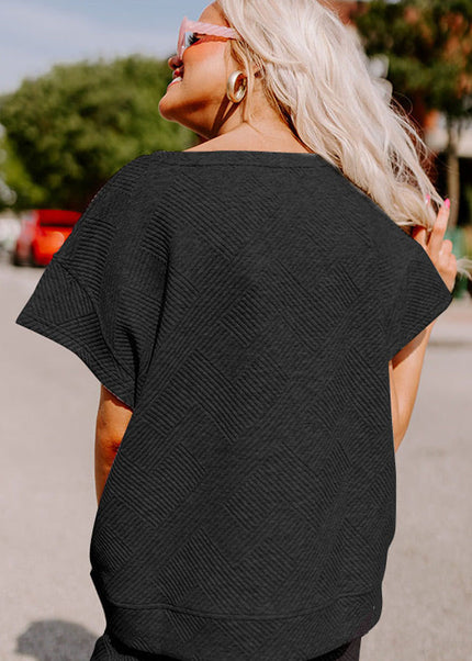 Black Textured Loose Fit T Shirt and Drawstring Pants Set